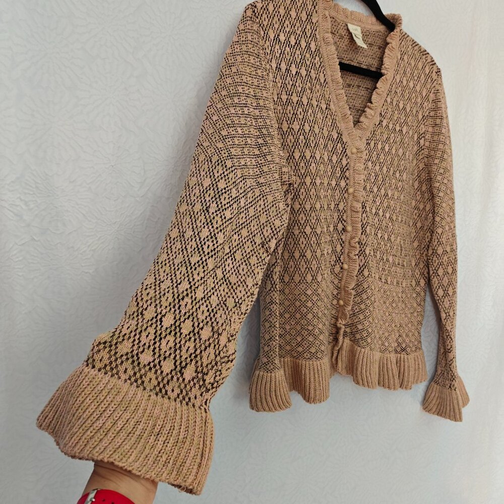 J. JILL Button Down Ruffle Trim V-neck Long Sleeve Cotton Blend Brown XL